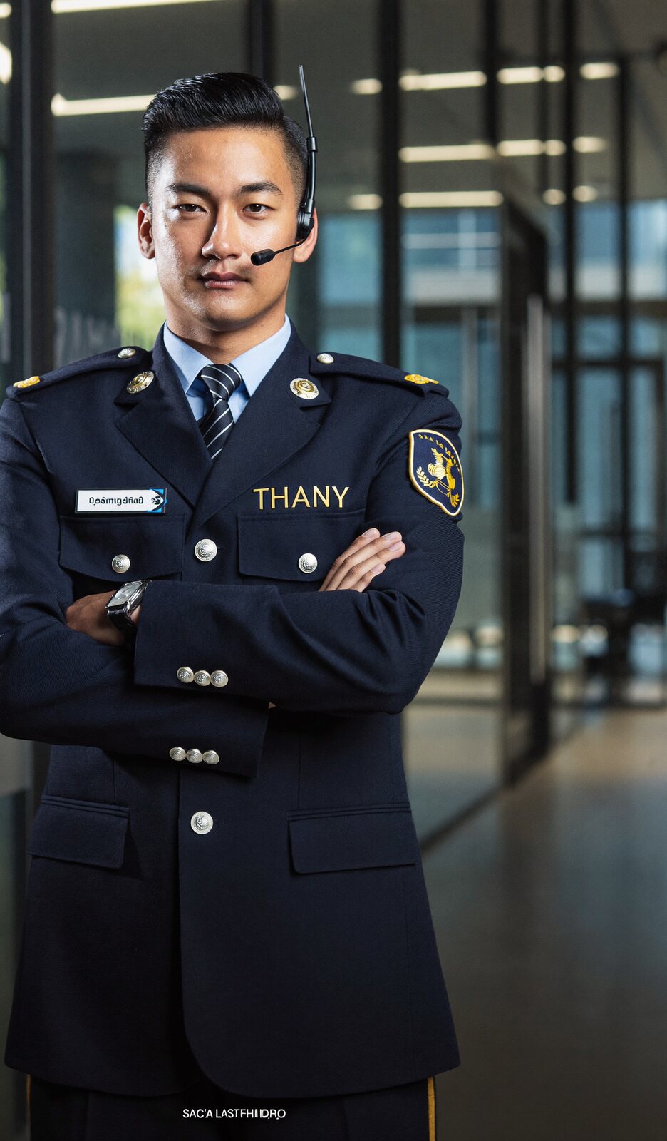 Security officer in a dark uniform in a corporate lobby